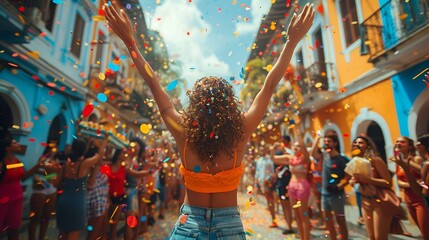 Woman standing in street, confetti falling around her.