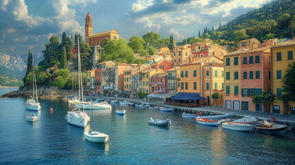 Fototapeta premium coastal town with a harbor filled with various boats, ranging from sailboats to motorboats. The town is built on a hill, with buildings of varying architectural styles closely packed together