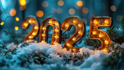 2025 New Year's Eve Lights in a Snowy Forest