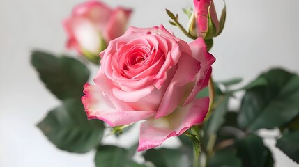 Fototapeta premium Elegant Pink Rose in Bloom Surrounded by Lush Green Leaves, Displaying Delicate Petals and Perfect Form in Soft Natural Light