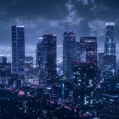 Naklejka premium City skyline at night, tall skyscrapers illuminated with bright lights, dark sky with scattered clouds, urban landscape, bustling with activity, reflections on buildings.