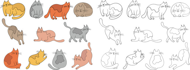 Set of cute simple doodle cats. Hand drawn simple animal illustration collection isolated on white background.