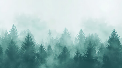 Misty Morning Fog in the Mountain Forest with Snow and Pine Trees