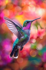 Obraz premium A hummingbird hovers in mid-air with its long, thin beak outstretched