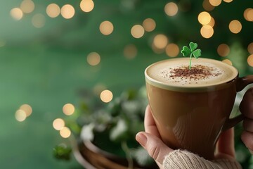 delicious cup of coffee with shamrock on green background