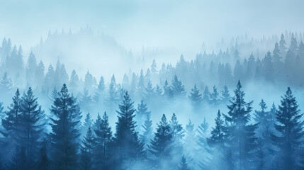 Obraz premium Misty Morning Fog in the Mountain Forest with Snow and Pine Trees