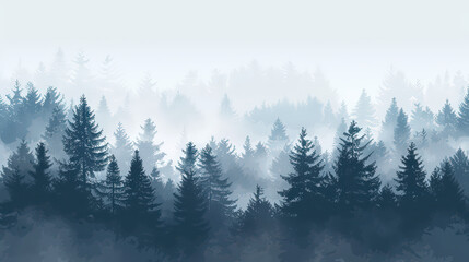 Misty Morning Fog in the Mountain Forest with Snow and Pine Trees