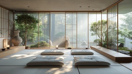 The image is a beautiful, minimalist room with a large window looking out onto a garden
