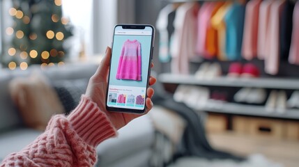 Woman holding phone in hand and buying clothes online.
