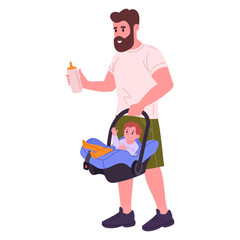 Dad holding newborn baby in carriage. Father with kid in baby car seat, male parent walking with little baby flat vector illustration. Cartoon parenting scene