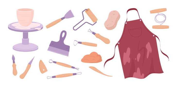Ceramics studio tools. Pottery wheel, knife and apron, potters equipment for making ceramics flat vector illustration set. Clay crafting workshop elements