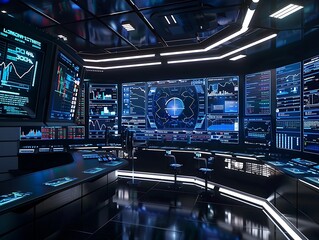 Futuristic stock trading command center with advanced holographic interfaces. 3D render, cinematic lighting, dark tones.