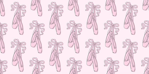 Seamless pattern pointe shoes with bow. Female pink ballet slippers for classic elegant dance © Iryna