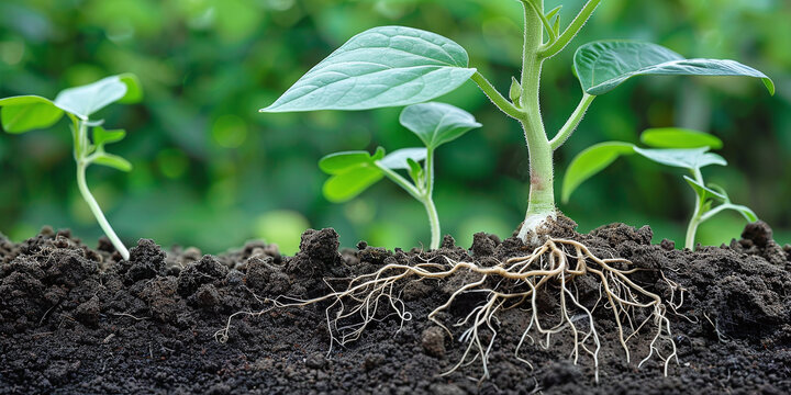 Soybean plant showing root inside soil