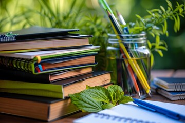 A stack of environmental science textbooks and field notebooks, promoting sustainability and ecological awareness.