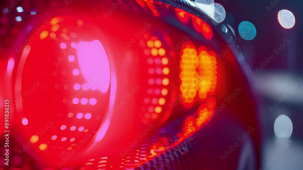 Poster an upclose view of an led tail light showcasing precise dots of light and crisp edges giving a futur