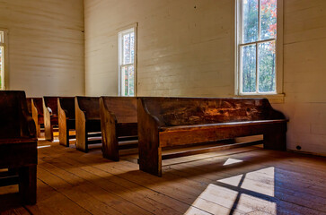 Cades Cove Methodist Church interior in Great Smoky Mountains National Park in Townsend Tennessee. One-room Appalachian church.