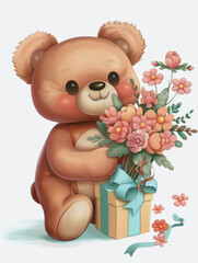 Cute Teddy Bear with Pink Flowers and Gift Box