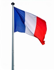 Foto einer franz&ouml;sischen Flagge an einem Mast, isoliert auf wei&szlig;em Hintergrund