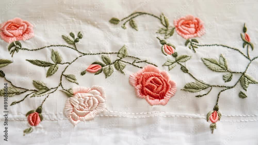Poster delicate handembroidered roses climbing up the ss of a plain white linen apron adding a touch of ele