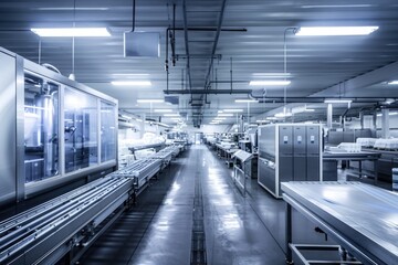 Fototapeta premium Modern Dairy Processing Facility Interior - Stainless Steel Equipment and Efficient Production Lines for High-Volume Output
