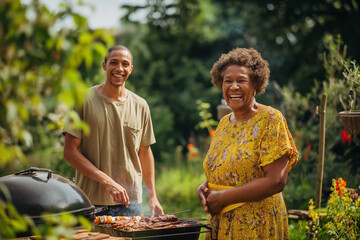 Elderly african american woman and young african american man grilling food outdoors. Concept for family bonding, summer activities, and outdoor cooking, suitable for BBQ events and family gatherings