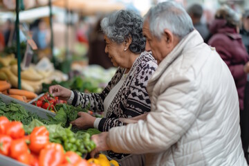 Latino elderly couple shopping for vegetables at a market. Concept for healthy living, fresh produce, and senior lifestyle, suitable for promoting healthy eating and local markets