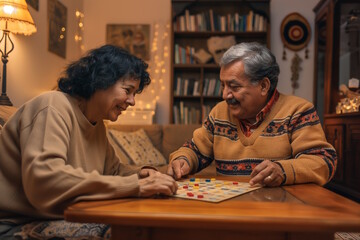 Latino elderly couple playing a board game at home. Concept for family bonding, indoor activities, and leisure, suitable for promoting quality family time and senior hobbies