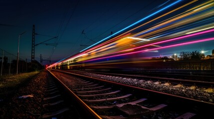 Fototapeta premium Train Tracks With Light Trails At Night