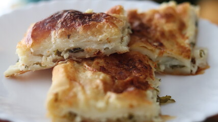 Homemade Turkish Börek Slices on a White Plate