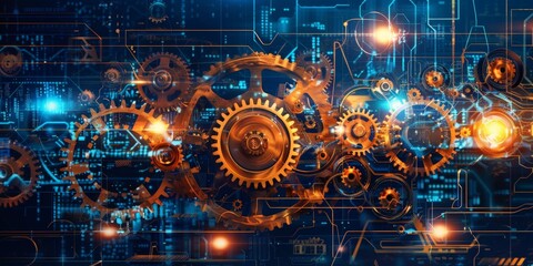 Obraz premium A close-up of futuristic mechanical gears with interconnected networks, representing advanced technology and innovation.