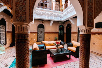 inside a riad courtyard in marrakech, morocco