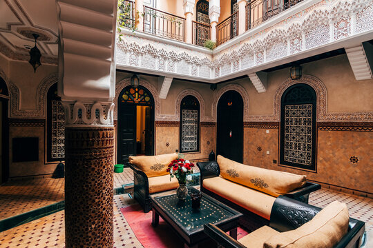 inside a riad courtyard in marrakech, morocco