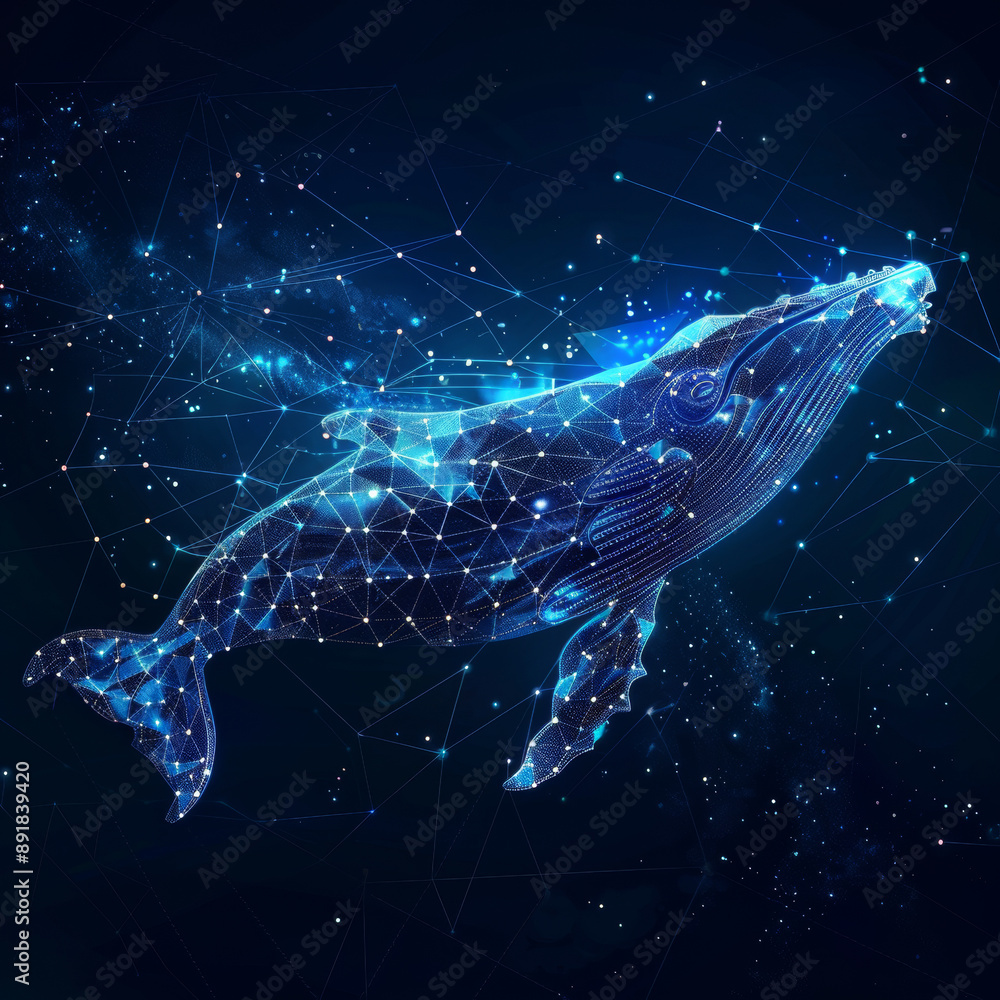 Poster a blue whale made of many shapes like polygons and dots. it's a digital concept of a whale with star