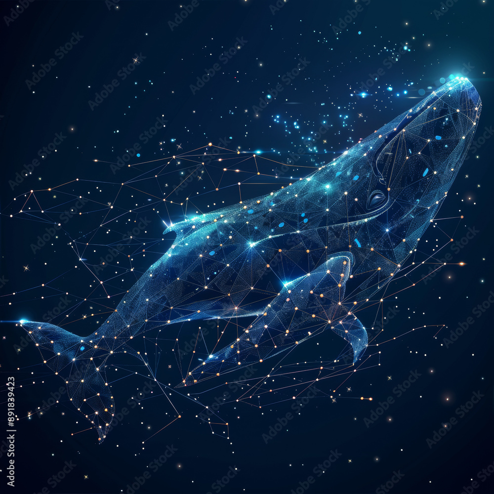 Poster a blue whale made of many shapes like polygons and dots. it's a digital concept of a whale with star