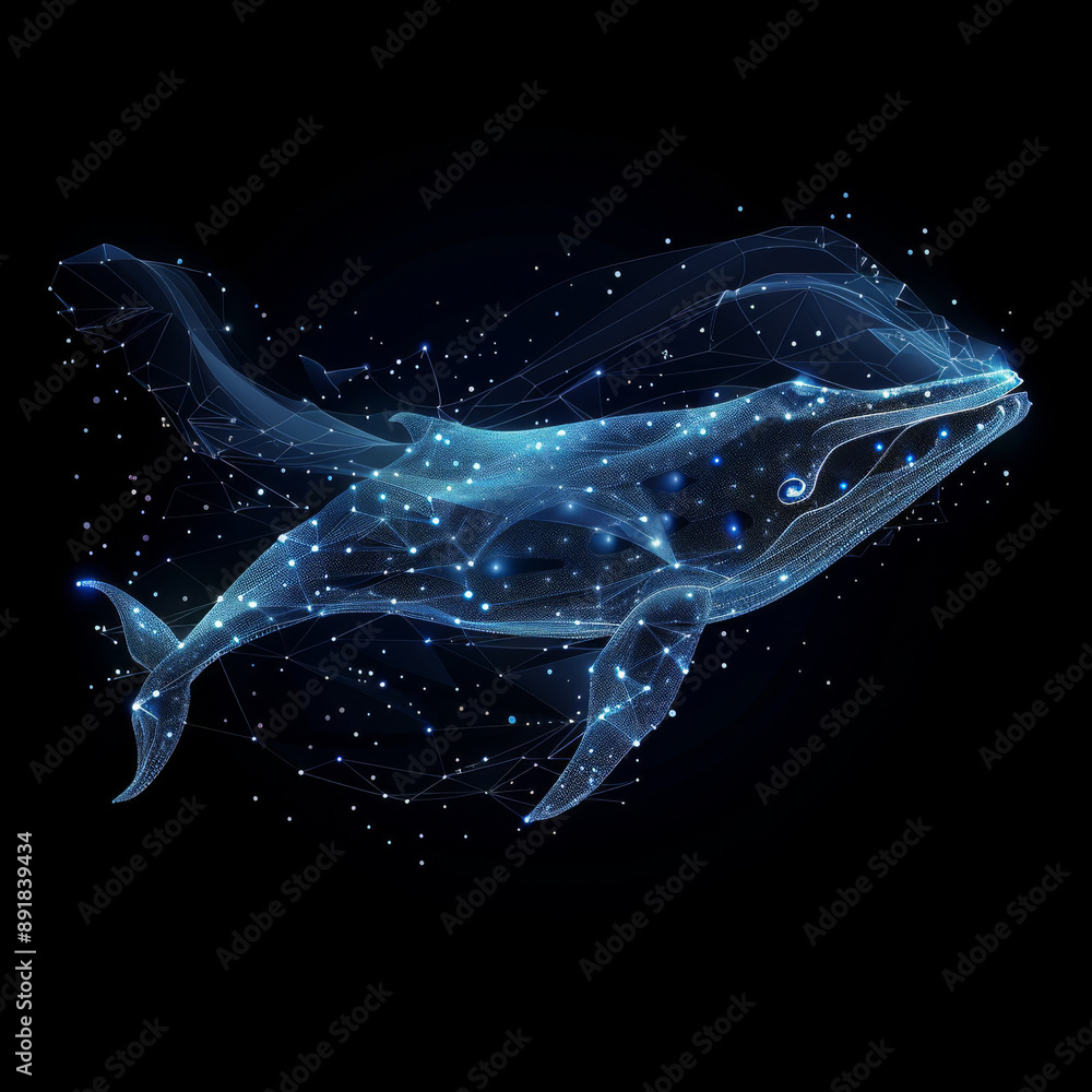 Poster a blue whale made of many shapes like polygons and dots. it's a digital concept of a whale with star