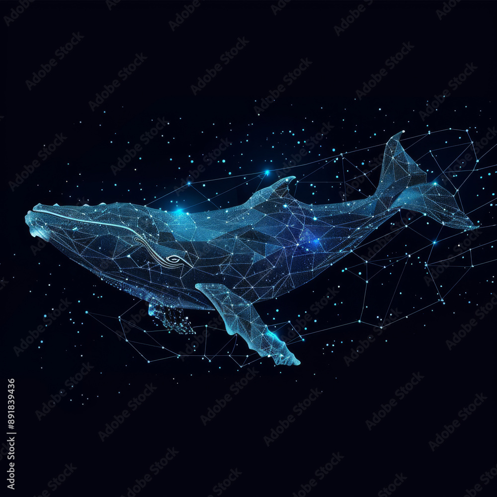 Poster a blue whale made of many shapes like polygons and dots. it's a digital concept of a whale with star