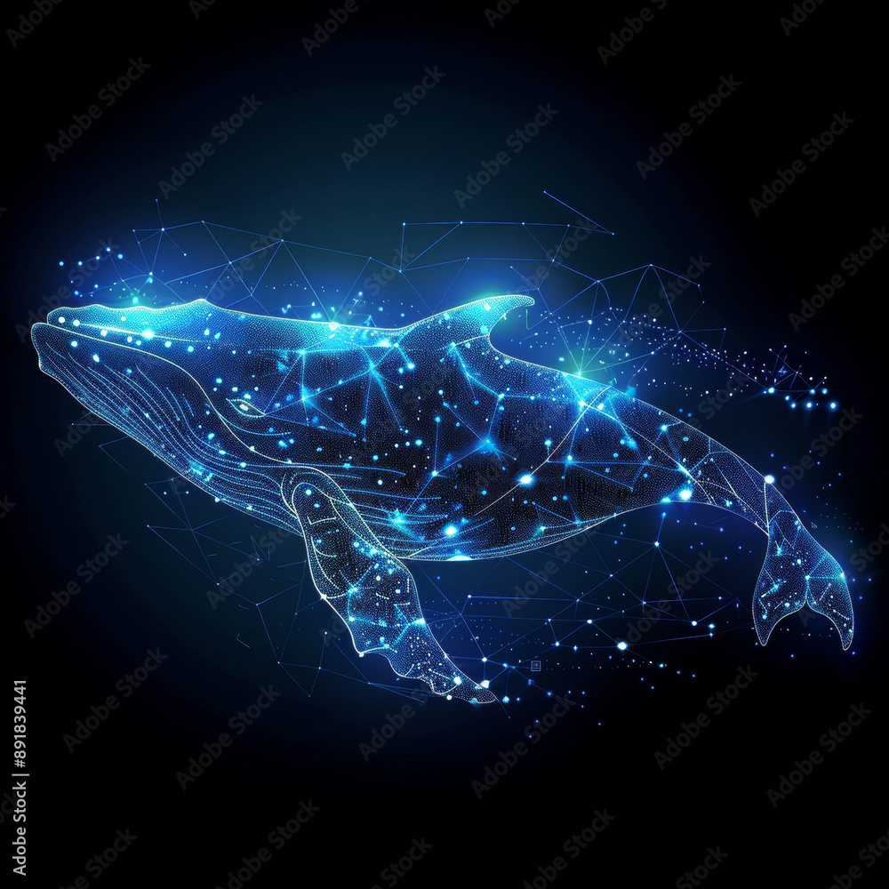 Poster a blue whale made of many shapes like polygons and dots. it's a digital concept of a whale with star