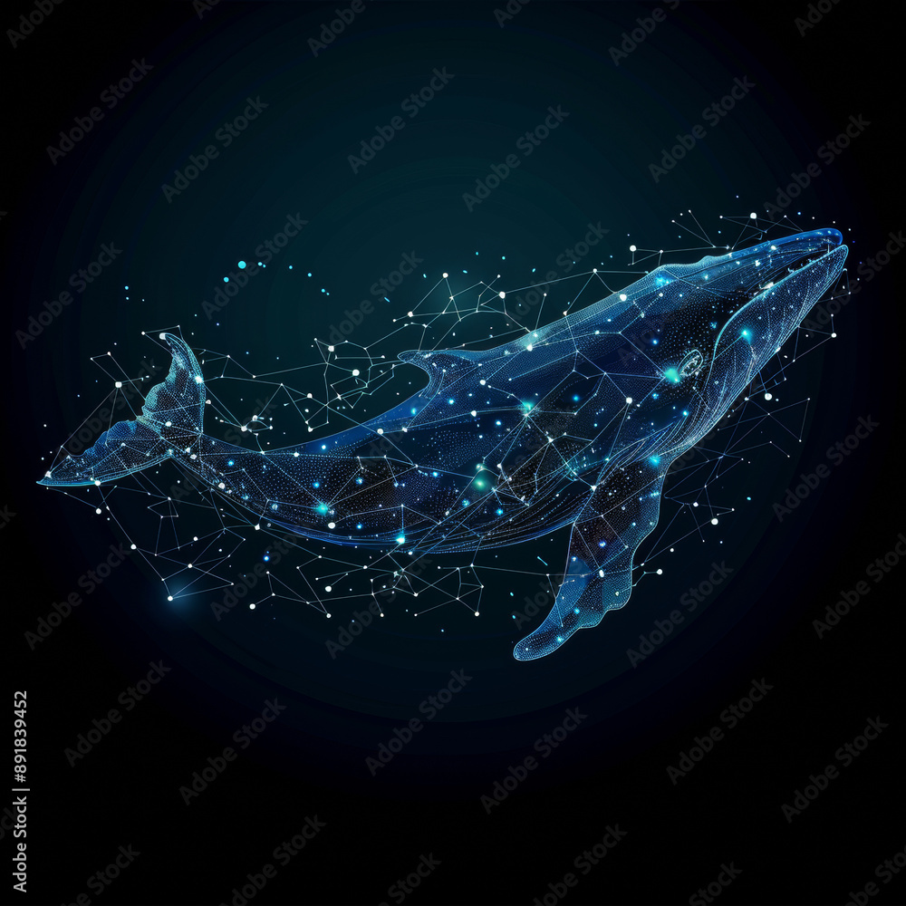 Poster a blue whale made of many shapes like polygons and dots. it's a digital concept of a whale with star