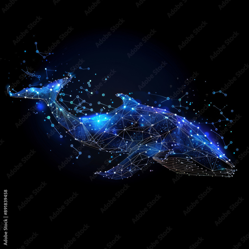 Poster a blue whale made of many shapes like polygons and dots. it's a digital concept of a whale with star