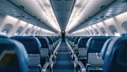 A photograph of an airplane cabin with blue and white seats, showcasing the empty space.