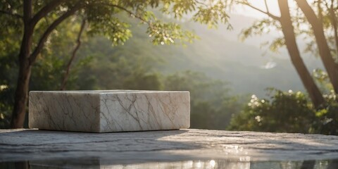 marble stone pedestal podium with natural shadow in natural background for cosmetic beauty product presentation concept.