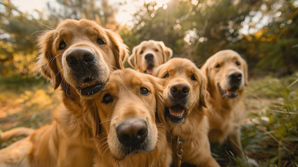 Obraz premium A group of Golden Retriever dogs taking a selfie with a blurred background. Generative AI