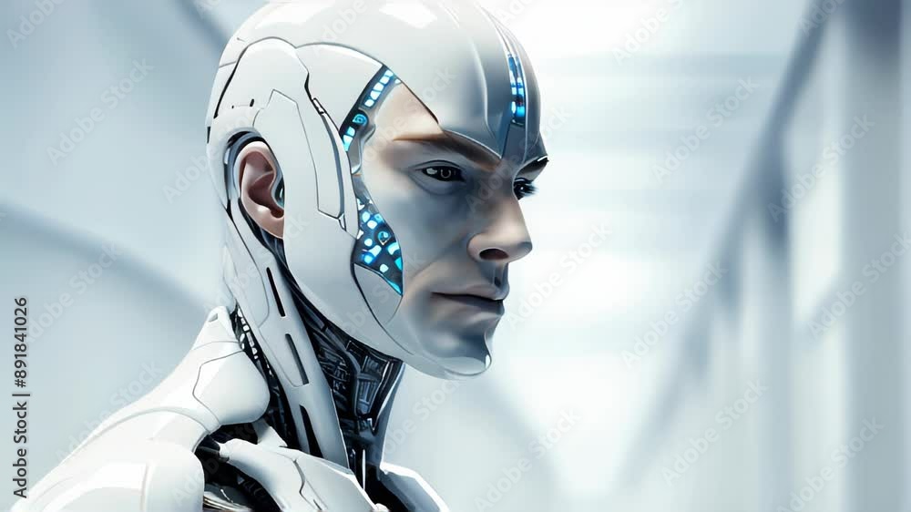 Poster the face of a cyborg robot man, a mixture of human and computer artificial intelligence