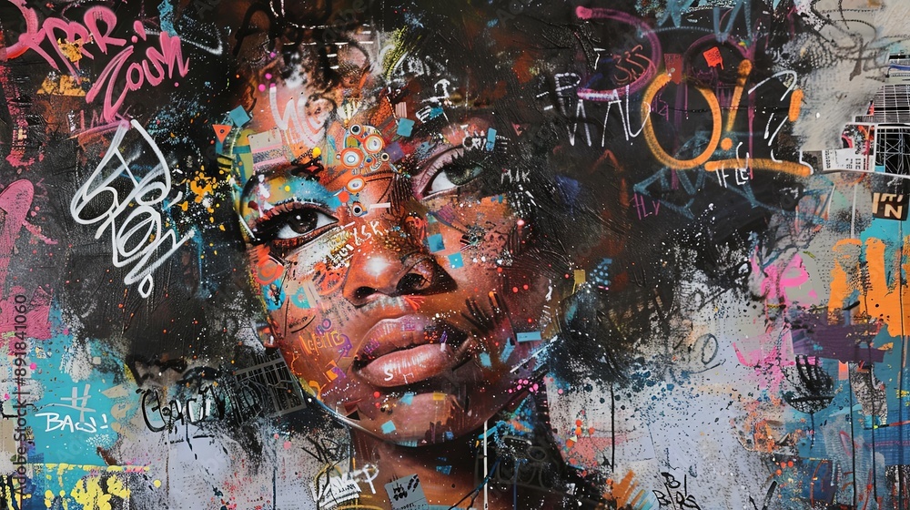 Wall mural dreamy african woman surrounded by graffiti and newspapers