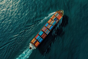 Bird's eye view of a freight vessel sailing the sea, freight vessel, worldwide shipping
