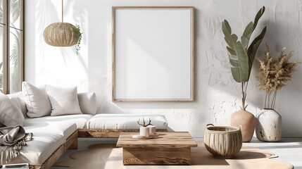 Bright Minimalist Living Room with Wooden Accents and Indoor Plants
