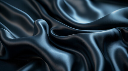 Fototapeta premium A close-up view of a smooth, dark-colored fabric, possibly silk or satin. The fabric displays a rich texture with folds and creases, creating a wavy pattern