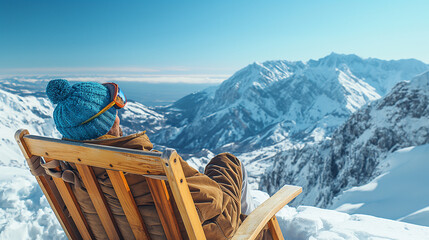 A person lounging on a wooden deck chair atop a snowy mountain. The individual is dressed in winter attire, including a blue beanie, ski goggles, and a brown jacket