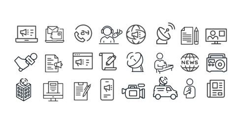 Mass Media Journalism line icons set. Mass Media outline icons with editable stroke collection.